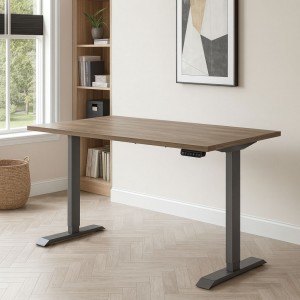 Vista ambientata Scrivania da camera con piano Noce Brera e gambe Grigio Canna di Fucile regolabile in altezza elettricamente modello Progress Totò Piccinni