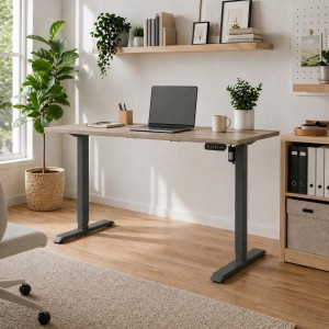 Vista ambientata Scrivania da camera con piano Rovere Sonoma e gambe Grigio Canna di Fucile regolabile in altezza elettricamente modello Progress Totò Piccinni