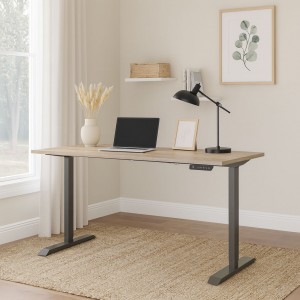 Vista ambientata Scrivania da camera con piano Rovere Sonoma e gambe Grigio Canna di Fucile regolabile in altezza elettricamente modello Progress Totò Piccinni