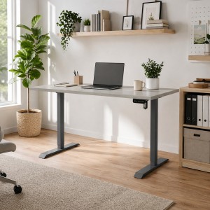 Vista ambientata Scrivania da camera con piano Grigio Cemento e gambe Grigio Canna di Fucile regolabile in altezza elettricamente modello Progress Totò Piccinni