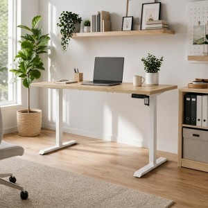 Vista ambientata Scrivania da camera con piano Rovere Miele e gambe Bianco regolabile in altezza elettricamente modello Progress Totò Piccinni