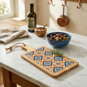 Vista ambientata Tagliere rettangolare in bambù e ceramica colore Arancione modello Valladolid Villa D'Este