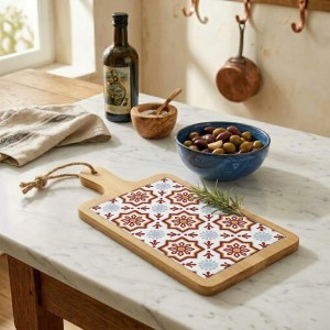 Vista ambientata Tagliere rettangolare in bambù e ceramica colore Granata modello Valladolid Villa D'Este