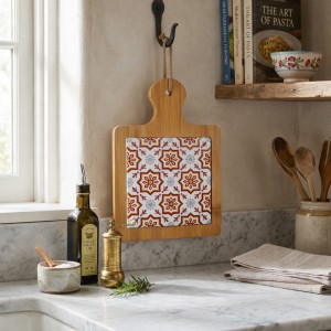 Vista ambientata Tagliere quadrato in bambù e ceramica colore Granata modello Valladolid Villa D'Este