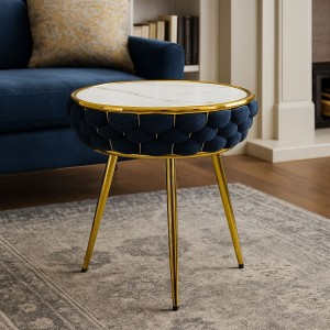 Vista ambientata Tavolino da salotto in velluto colore Blu con piano effetto marmo modello Roylal Totò Piccinni