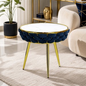 Vista ambientata Tavolino da salotto in velluto colore Blu con piano effetto marmo modello Roylal Totò Piccinni