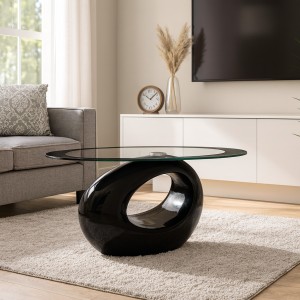 Vista ambientata Tavolino design moderno da salotto con piano in vetro temperato colore Nero modello Orizzonte Totò Piccini