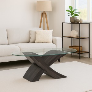 Vista ambientata Tavolino da salotto design moderno con piano in vetro temperato colore Wengè modello Fox Totò Piccinni