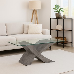 Vista ambientata Tavolino da salotto design moderno con piano in vetro temperato colore Marmo Antracite modello Fox Totò Piccinni