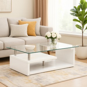 Vista ambientata Tavolino da salotto colore Bianco Laccato con piano in vetro design moderno modello Gloria Totò Piccinni