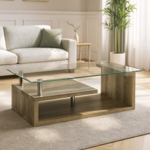 Vista ambientata Tavolino da salotto colore Rovere  con piano in vetro design moderno modello Gloria Totò Piccinni