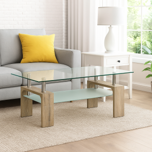 Vista ambientata Tavolino da salotto moderno colore Rovere con doppio piano in vetro temperato modello Home Totò Piccinni