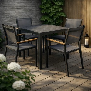 Set pranzo tavolo allungabile in alluminio 90/180 con 4 sedia con braccioli effetto legno