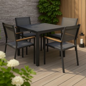 Vista ambientata Set pranzo allungabile in alluminio 90/180 con 4 sedie trapani con braccioli effetto legno  antracite modello Vulcano Totò Piccinni