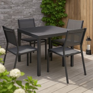 Vista ambientata Set pranzo allungabile in alluminio 90/180 con 4 sedie palermo antracite modello Vulcano Totò Piccinni