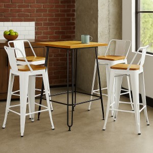 Vista ambientata Set industry bianco in metallo con sgabelli in metallo con seduta in legno colore Bianco design industriale Totò Piccinni