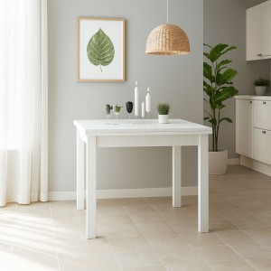 Vista ambientata Tavolo in legno colore Bianco Frassino con apertura a libro modello Firenze Totò Piccinni