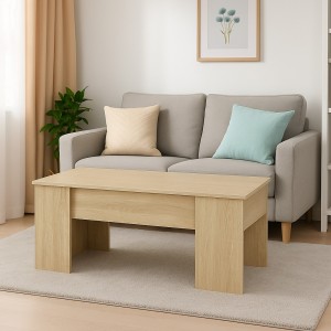 Vista ambientata Tavolino moderno da salotto con piano elevabile in legno colore Rovere modello Coffee Totò Piccinni