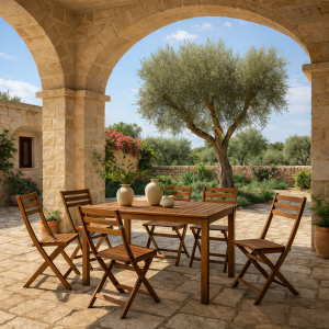 Vista ambientata Set Tavolo 140x78 con 6 sedie Pieghevoli in Legno modello Arleston Totò piccinni