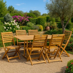 Vista ambientata Set tavolo rettangolare 150  in legno D'Acacia da giardino con 6 sedie A Totò Piccinni