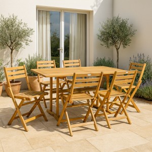 Vista ambientata Set tavolo rettangolare 150  in legno D'Acacia da giardino con 6 sedie B Totò Piccinni