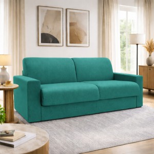 Vista ambientata Divano letto ribaltone colore Turchese imbottito con braccioli materasso 16cm Totò Piccinni