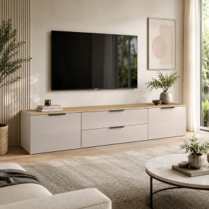 Vista ambientata Mobile Porta Tv in legno 2 ante e 2 cassetti colore "cashmere lucido/rovere baysen" modello Zenit Totò Piccinni
