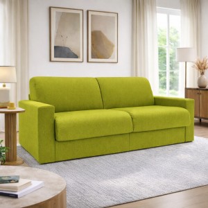 Vista ambientata Divano letto ribaltone colore Verde imbottito con braccioli materasso 16cm Totò Piccinni