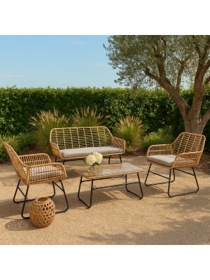 set salottino da giardino struttura in metallo con seduta in fibra sintetica naturale