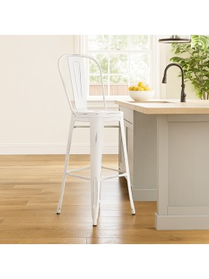 Vista ambientata Sgabello alto con schienale colore Bianco Antico in metallo modello Minnesota Totò Piccinni