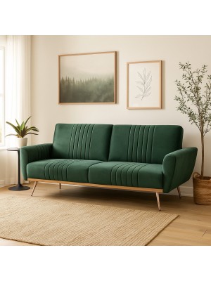 Vista ambientata Divano letto in velluto colore Verde con piedini in metallo e sistema clic-clac modello Jhonny Totò Piccinni