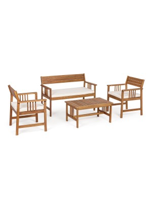 set salottino da giardino in legno di acacia con cuscini ecru