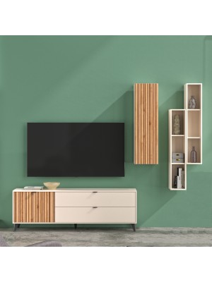 Parete attrezzata tv Cashmere/Rovere Cannettato con porta tv 2 pensili a giorno 1 pensile a ribalta modello Mandala Totò Piccinni