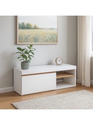 Vista ambientata porta tv moderno con 1 anta e vano portaoggetti in legno colore bainco matt