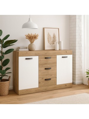 Vista ambientata Credenza moderna in legno colore "Bianco Matt/Rovere Naturale" modello Silene Totò Piccinni