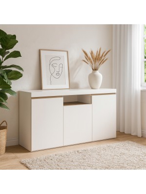 Vista ambientata Credenza moderna in legno colore "Bianco Matt/Rovere Naturale" modello Antares Totò Piccinni