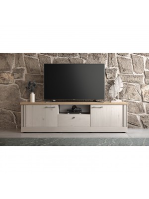 vista ambientata frontale mobile porta tv in legno 2 ante e 1 cassetto made in italy rovere meringa/rovere cadice modello Icaro Totò Piccinni