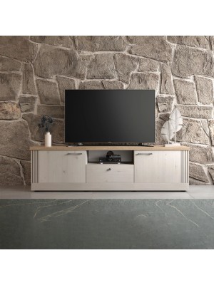 vista ambientata frontale mobile porta tv in legno 2 ante e 1 cassetto made in italy rovere meringa/rovere cadice modello Icaro Totò Piccinni