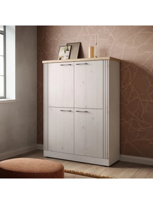 vista ambientata diagonale mobile alto in legno con 4 ante made in italy rovere meringa/rovere cadice modello Icaro Totò Piccinni