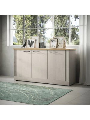 vista ambientata diagonale madia in legno con 3 ante made in italy rovere meringa/rovere cadice modello Icaro Totò Piccinni