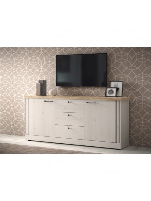 vista ambientata diagonale madia in legno 2 ante e 3 cassetti made in italy rovere meringa/rovere cadice modello Icaro Totò Piccinni