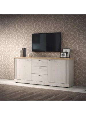 vista ambientata diagonale madia in legno 2 ante e 3 cassetti made in italy rovere meringa/rovere cadice modello Icaro Totò Piccinni