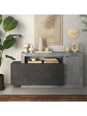 vista ambientata frontale Madia in legno colore "Piombo/Cemento" 1 ante e 3 cassetti made in italy modello Nidus Totò Piccinni