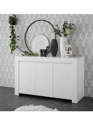 vista ambientata diagonale Madia in legno colore "Bianco Opaco" 3 ante made in italy modello Flow Totò Piccinni
