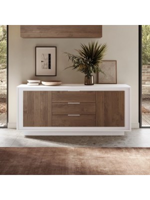 Vista ambientata frontale Madia in Legno colore "Bianco Opaco/Rovere Mercure" 2 ante e 3 cassetti made in italy modello Avalon Totò Piccinni