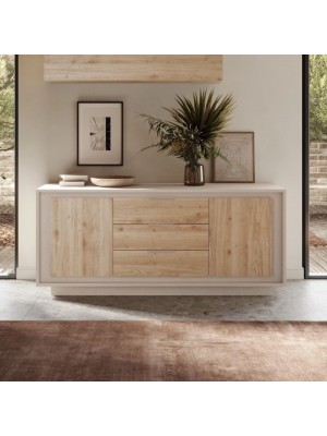 Vista ambientata frontale Madia in Legno colore "Cashmere/Rovere Cadiz" 2 ante e 3 cassetti made in italy modello Avalon Totò Piccinni