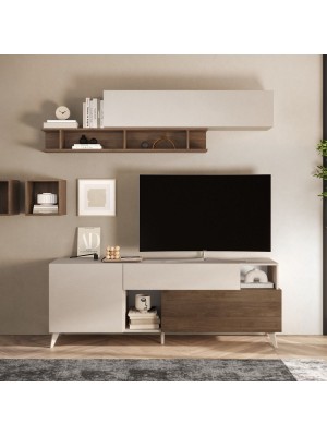 Vista ambientata frontale Porta TV colore "Cashmere/Rovere Mercure" 1 anta 1 cassetto 1 ribalta 2 vani made in italy modello Clou Totò Piccinni