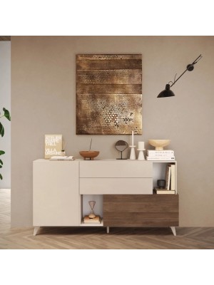 vista ambientata frontale Madia in legno colore "Cashmere/Rovere Mercure" 2 ante 2 cassetti e 2 vani made in italy modello Clou Totò Piccinni