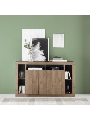 vista frontale ambientata Madia in legno colore "Rovere Mercure" 3 ante e 6 vani made in italy modello Brio Totò Piccinni