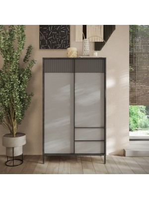 vista ambientata frontale Madia Credenza Alta in legno colore "Piombo/Gesso" 2 ante e 2 cassetto made in italy modello Kaleido Totò Piccinni